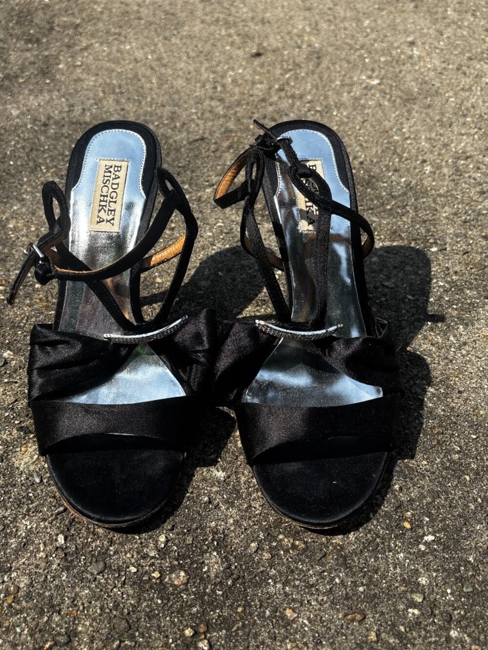 Badgley Mischka Black Satin Crystal-Strap Open-Toe Heels
